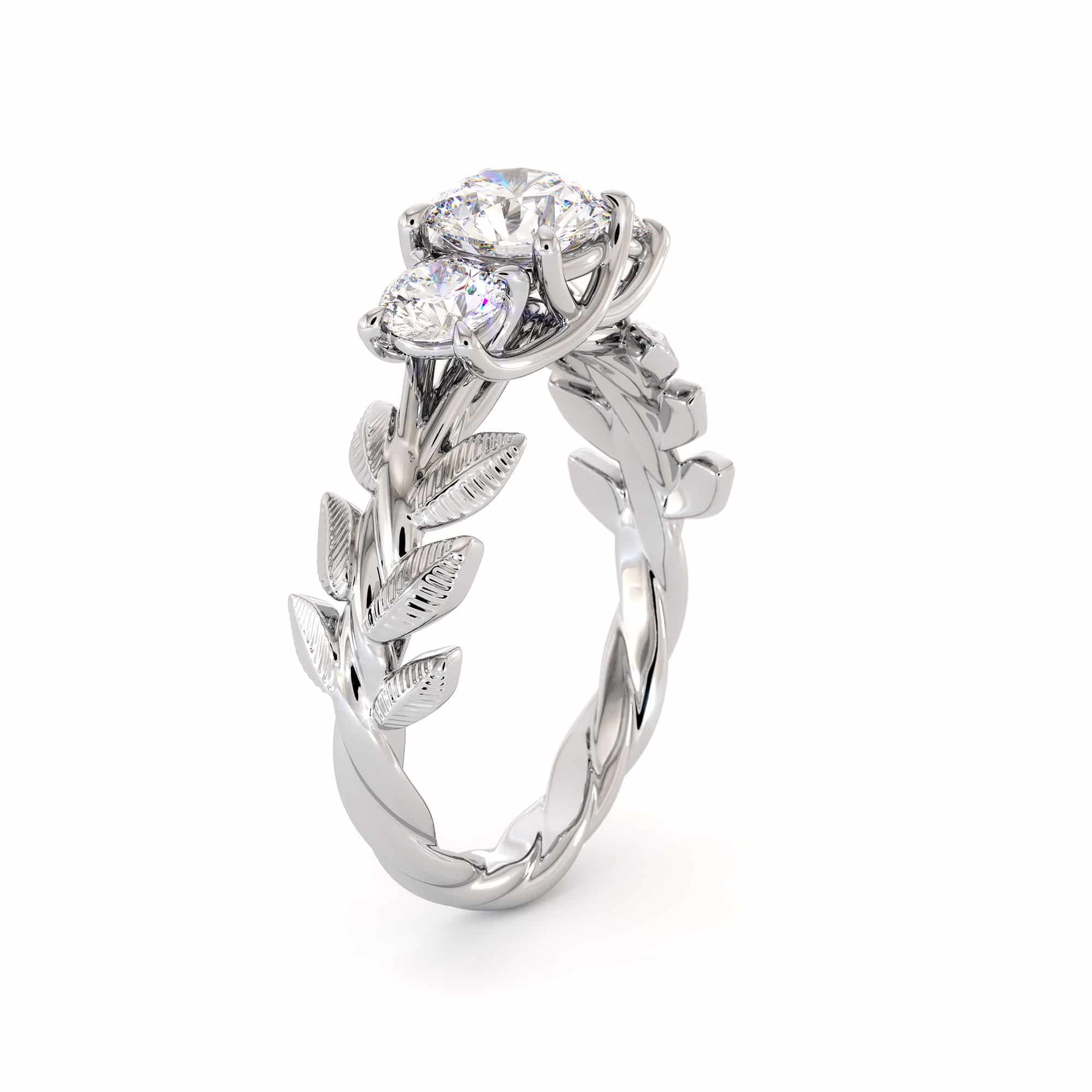 Floral Three Stone Engagement Ring Three Moissanite Ring White Gold Leaves 3 stone Wedding Ring 4 Floral Three Stone Engagement Ring Three Moissanite Ring White Gold Leaves 3 stone Wedding Ring