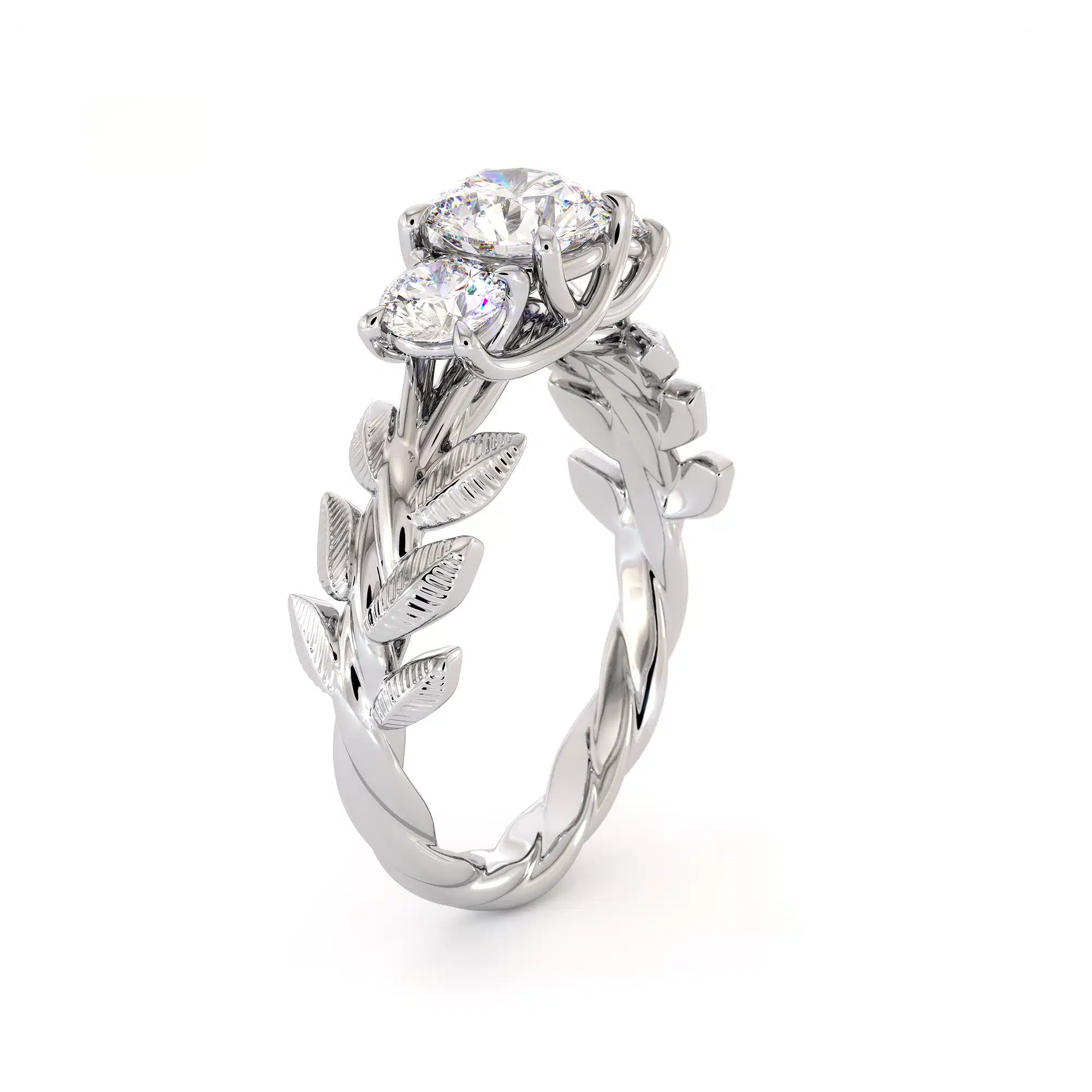 Floral Three Stone Engagement Ring Three Moissanite Ring White Gold Leaves 3 stone Wedding Ring 4 Floral Three Stone Engagement Ring Three Moissanite Ring White Gold Leaves 3 stone Wedding Ring