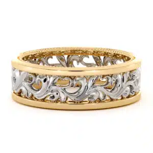 White And Yellow Solid Gold Men's Band Unique Camellia Wedding Band