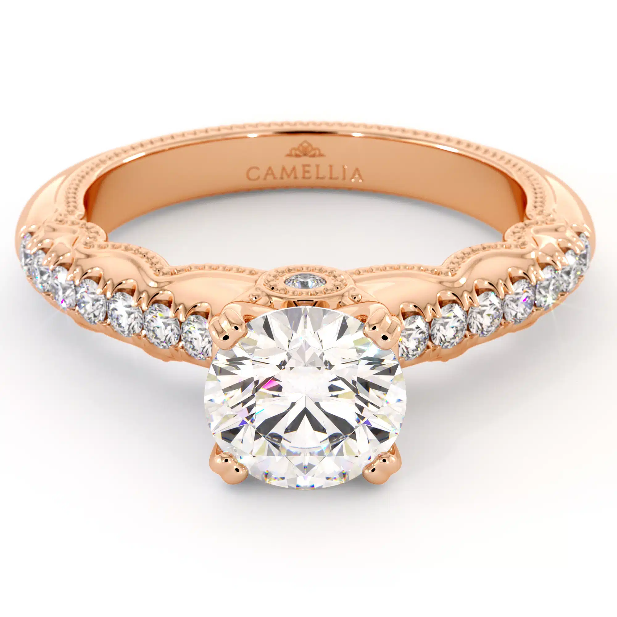 Diamond Pave Engagement Ring 14K Rose Gold Ring Victorian Bridal Ring Moissanite Engagement Ring 3 Diamond Pave Engagement Ring 14K Rose Gold Ring Victorian Bridal Ring Moissanite Engagement Ring