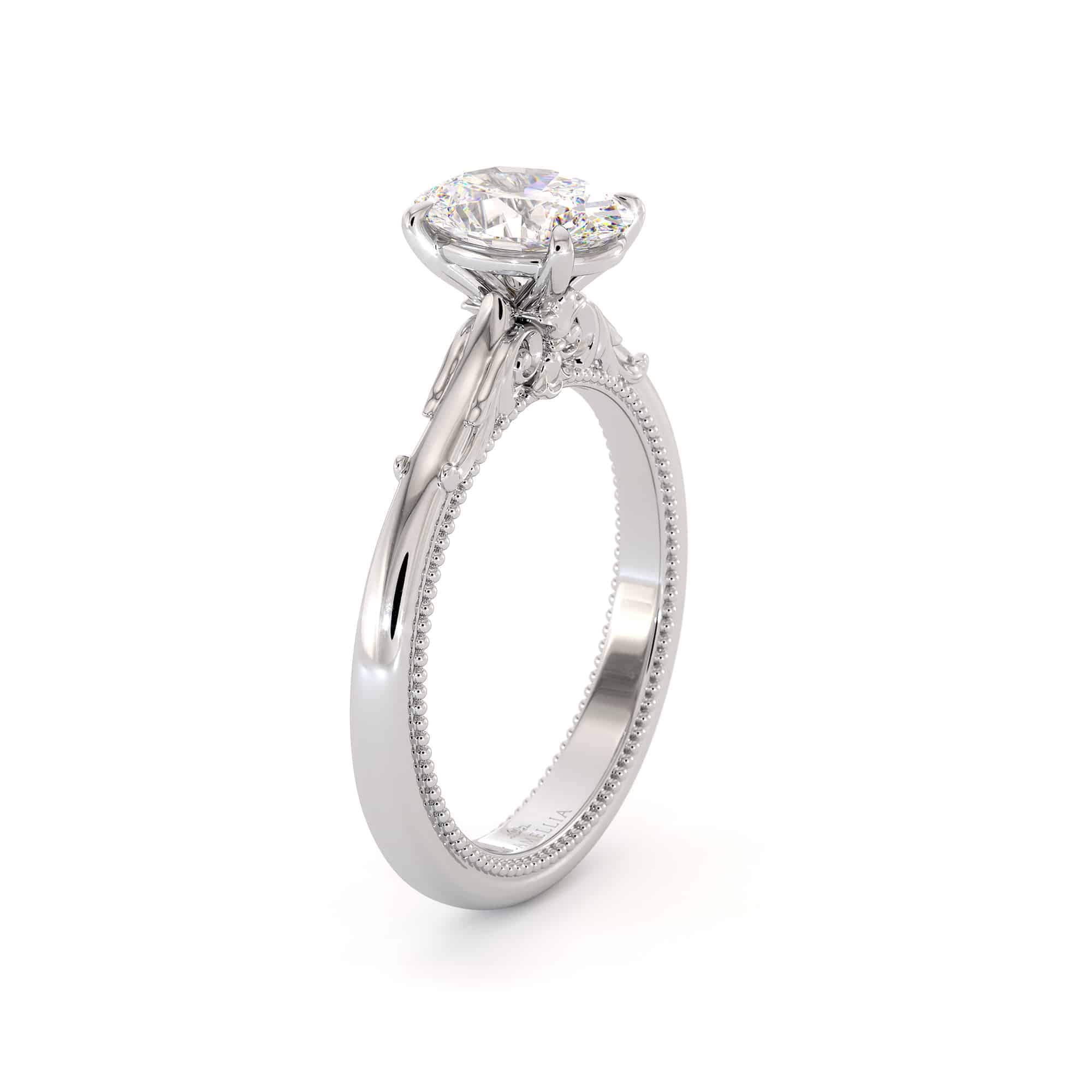 A close-up top view of a 1.5-carat oval lab-grown diamond set in a white gold solitaire ring.