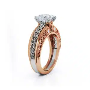 Princess Cut Vintage Scroll Ring With Lab Diamond Center In Two Tone Gold