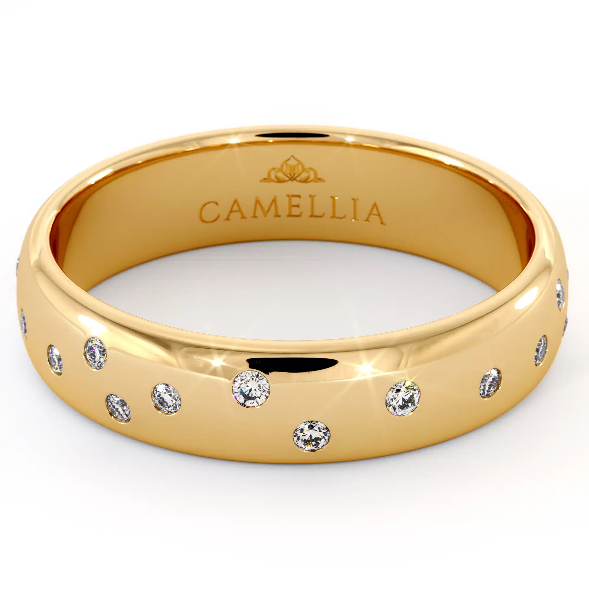 Close-Up Handcrafted Wide Diamond Wedding Band - CD-0168A Close-Up View Of Wide Diamond Wedding Band With Random Setting In 14K Gold
