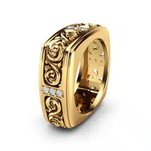 Lab Diamonds Special Square Design 14K Yellow Gold Mens Wedding Band 9.2mm
