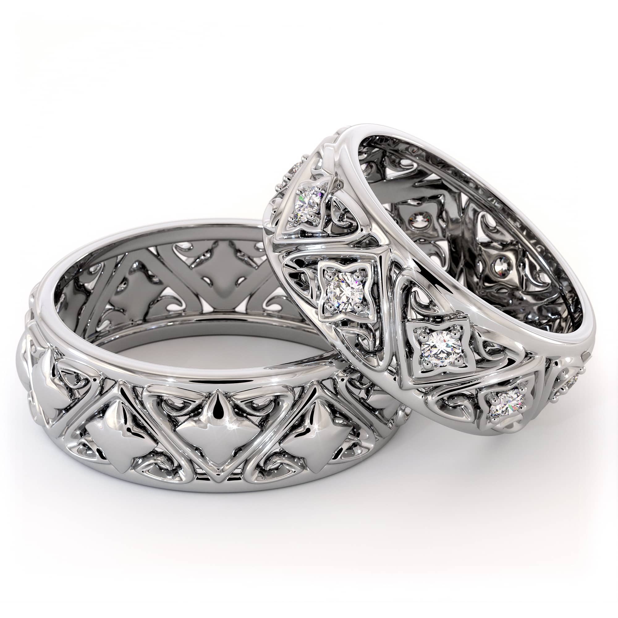 Couples Rings Set His and Hers Matching Bands Solid White Gold Filigree Wedding Bands 2 Couples Rings Set His and Hers Matching Bands Solid White Gold Filigree Wedding Bands