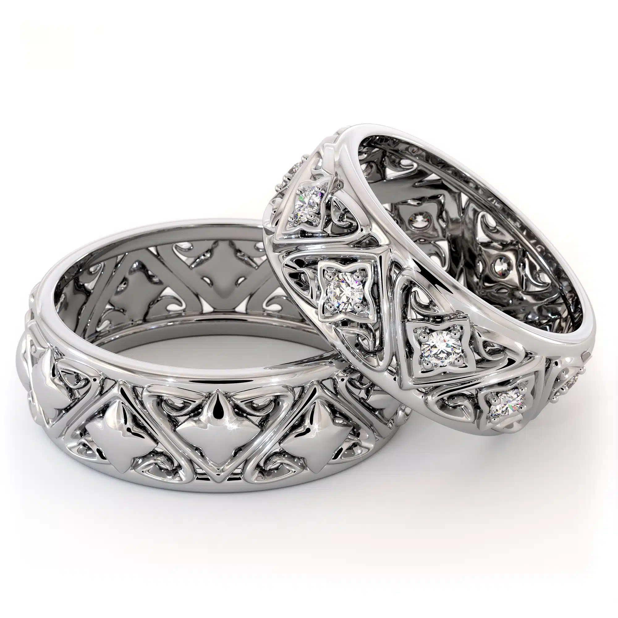 Couples Rings Set His and Hers Matching Bands Solid White Gold Filigree Wedding Bands 2 Couples Rings Set His and Hers Matching Bands Solid White Gold Filigree Wedding Bands