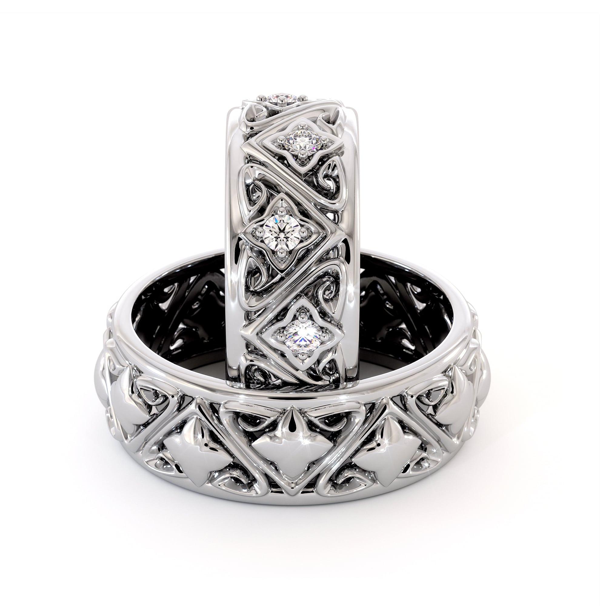 Couples Rings Set His and Hers Matching Bands Solid White Gold Filigree Wedding Bands 5 Couples Rings Set His and Hers Matching Bands Solid White Gold Filigree Wedding Bands