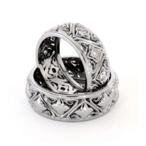 Couples Rings Set His and Hers Matching Bands Solid White Gold Filigree Wedding Bands