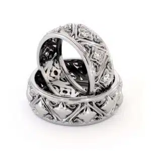 Couples Rings Set His and Hers Matching Bands Solid White Gold Filigree Wedding Bands