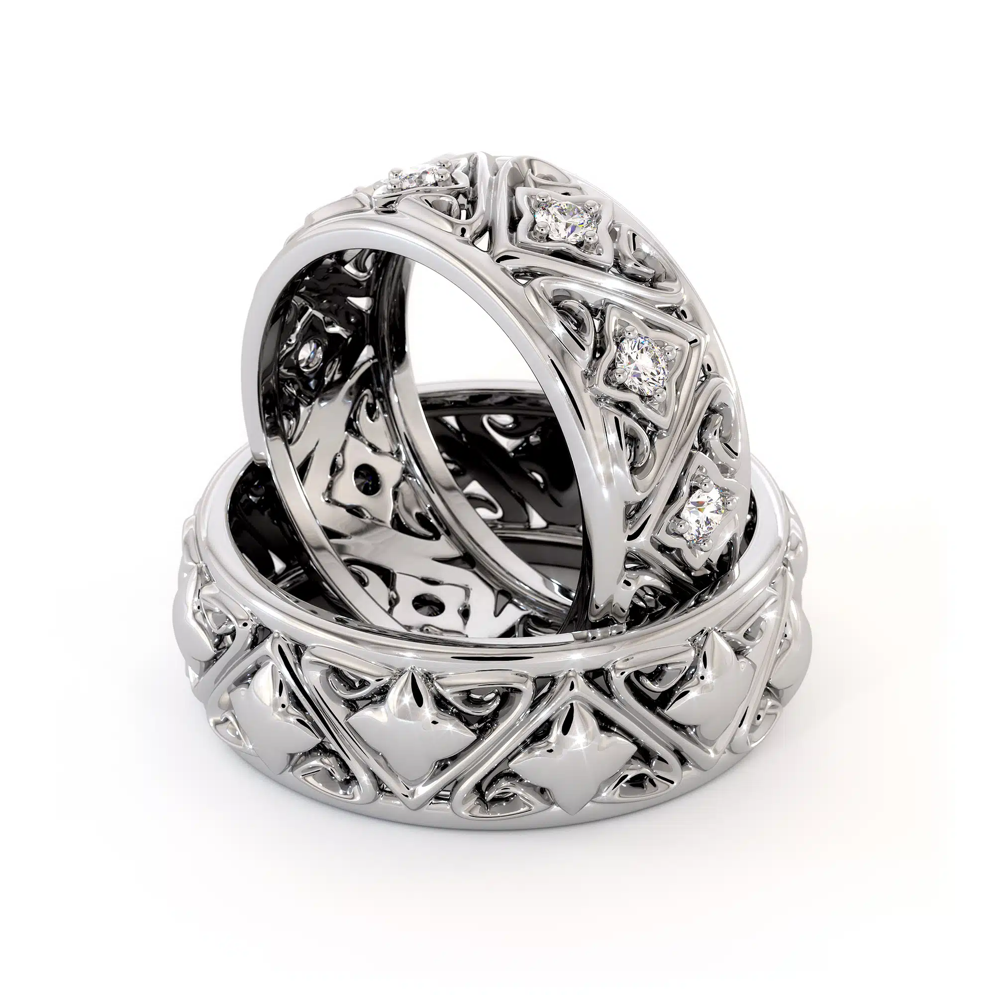 Couples Rings Set His and Hers Matching Bands Solid White Gold Filigree Wedding Bands 4 Couples Rings Set His and Hers Matching Bands Solid White Gold Filigree Wedding Bands