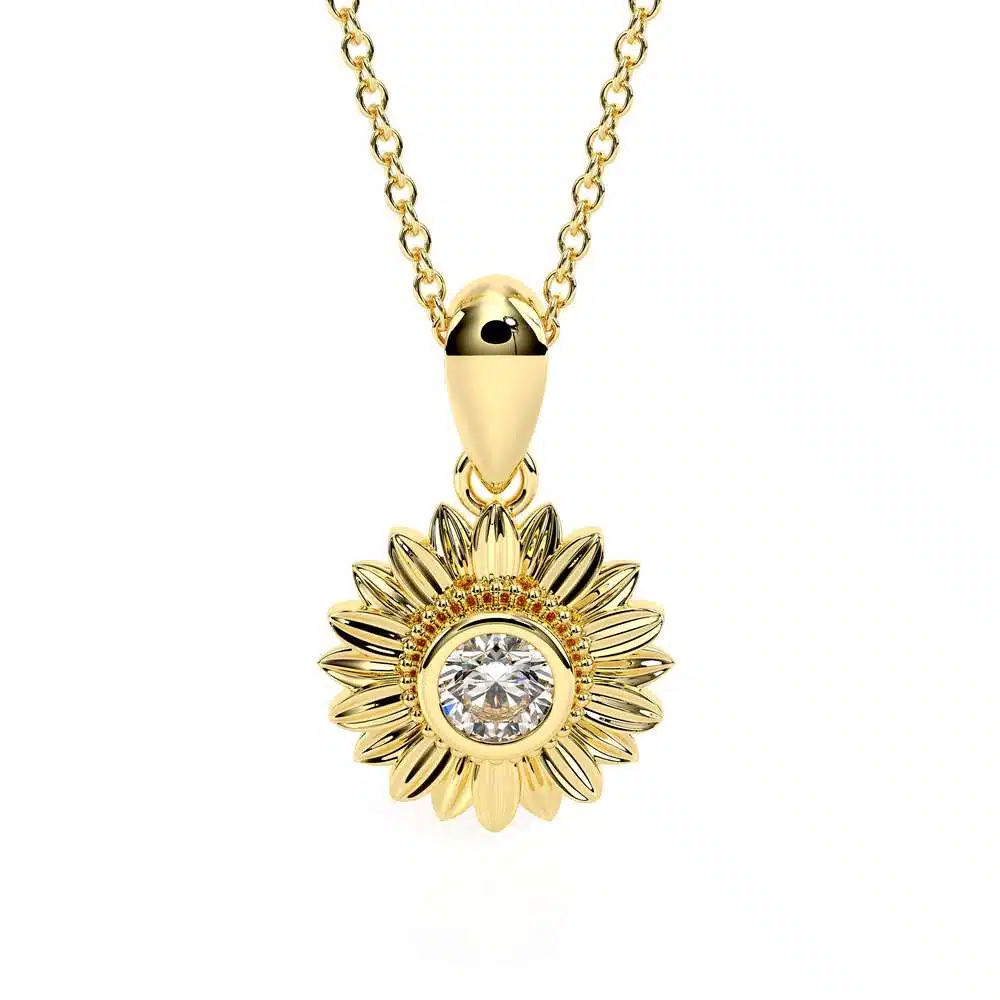 14K Solid Gold Forever One Moissanite Sunflower Pendant Necklace Mesmerizing Gift For Her 2 14K Solid Gold Forever One Moissanite Sunflower Pendant Necklace Mesmerizing Gift For Her
