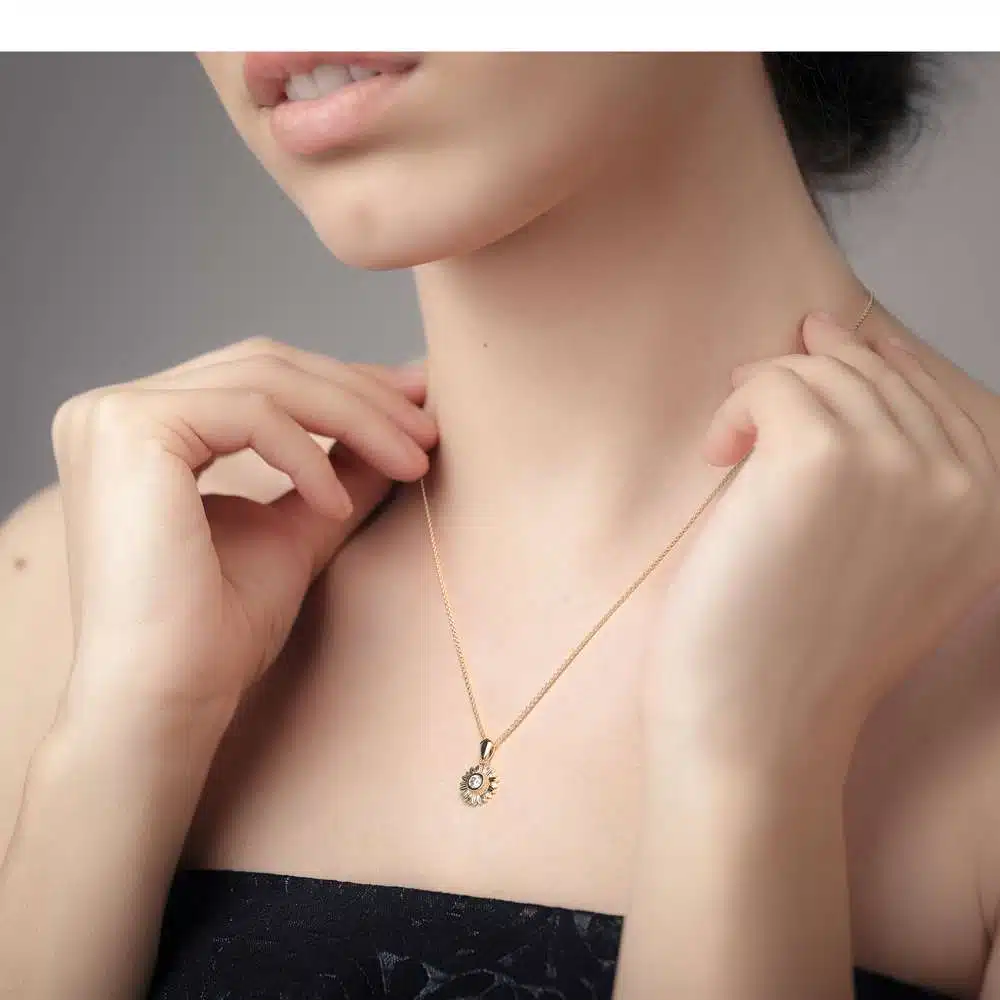 14K Solid Gold Forever One Moissanite Sunflower Pendant Necklace Mesmerizing Gift For Her 3 14K Solid Gold Forever One Moissanite Sunflower Pendant Necklace Mesmerizing Gift For Her