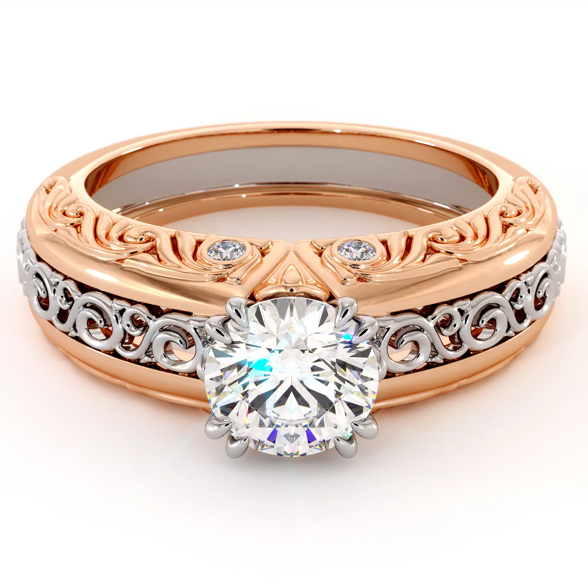 Round Moissanite In Two Tone Solid Gold Regally Designed Bridal Ring 3 Round Moissanite In Two Tone Solid Gold Regally Designed Bridal Ring