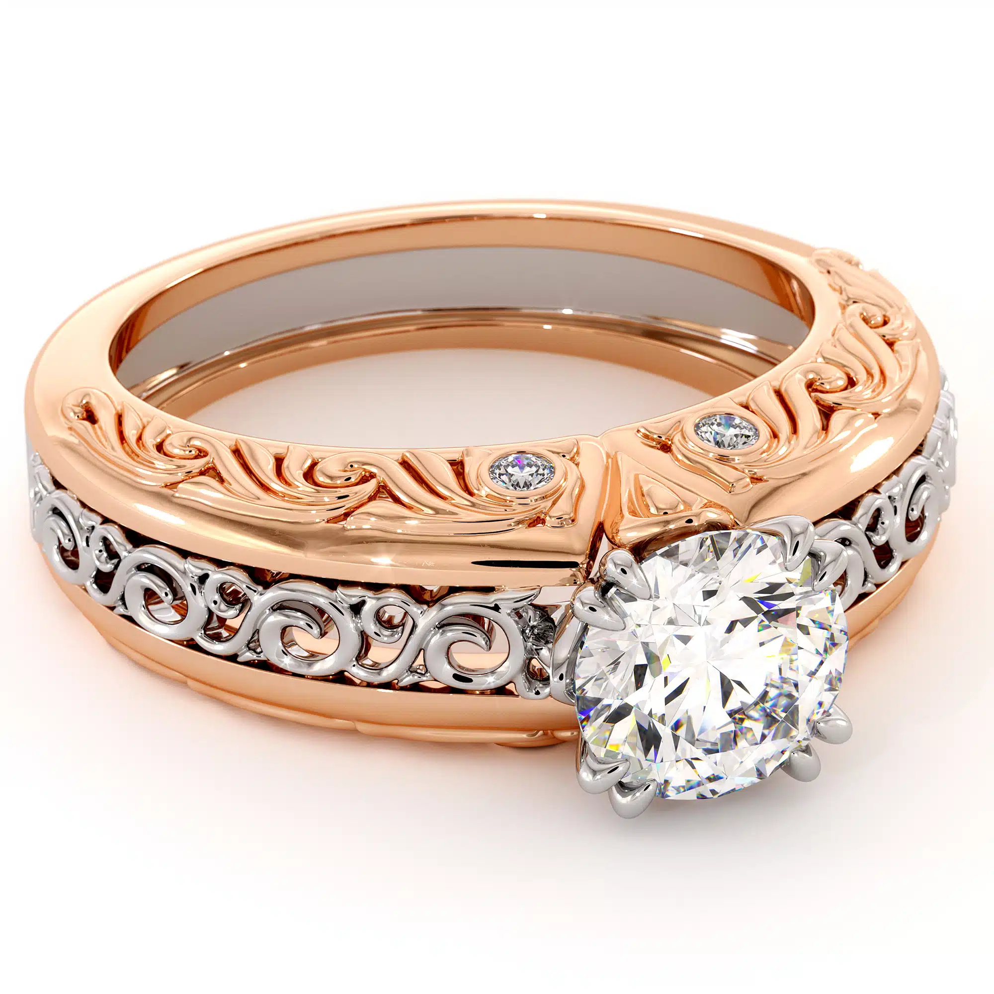 Round Moissanite In Two Tone Solid Gold Regally Designed Bridal Ring 4 Round Moissanite In Two Tone Solid Gold Regally Designed Bridal Ring