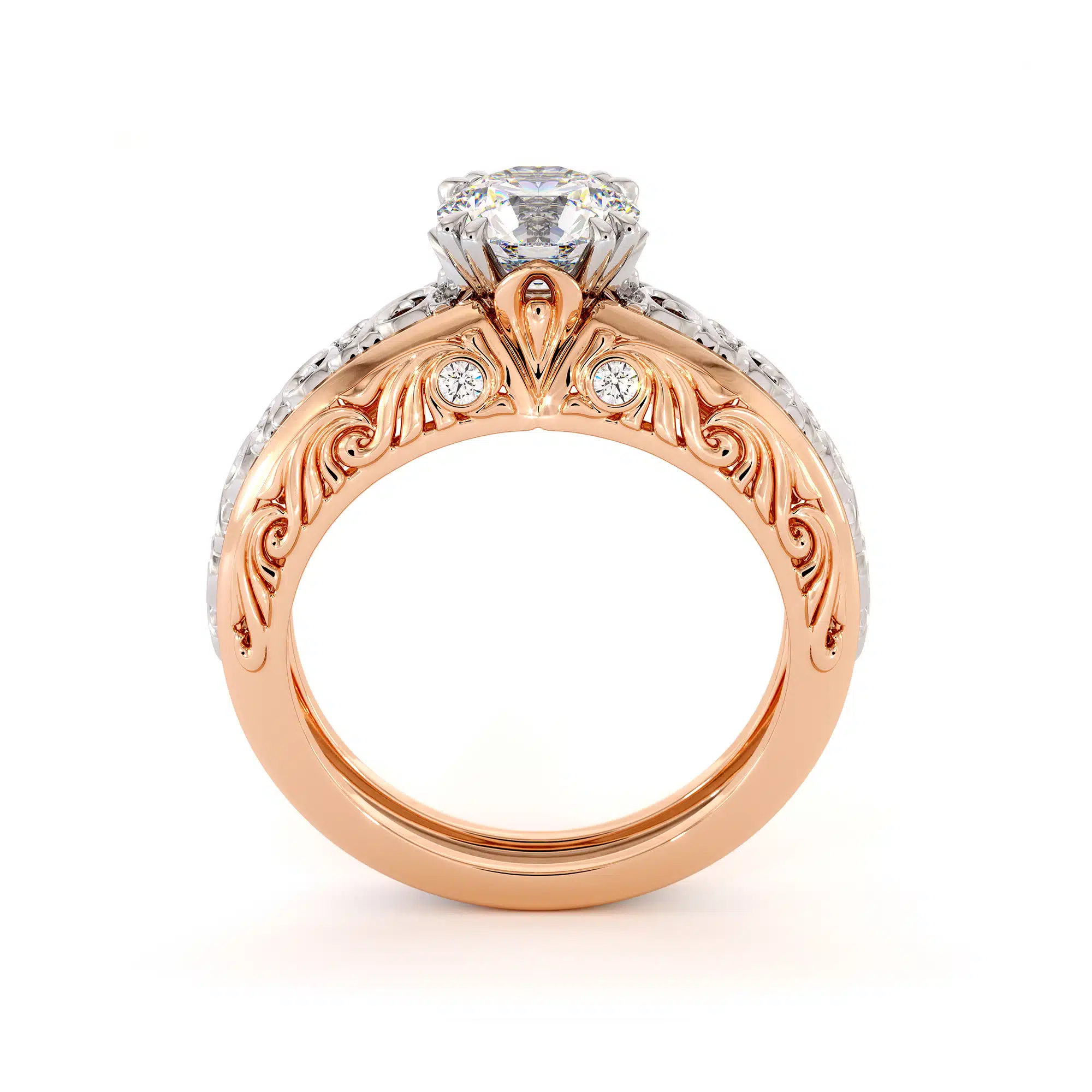Round Moissanite In Two Tone Solid Gold Regally Designed Bridal Ring 6 Round Moissanite In Two Tone Solid Gold Regally Designed Bridal Ring