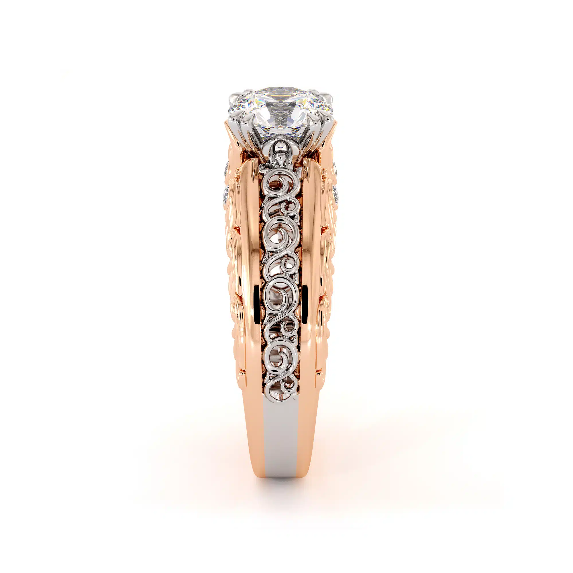 Round Moissanite In Two Tone Solid Gold Regally Designed Bridal Ring 5 Round Moissanite In Two Tone Solid Gold Regally Designed Bridal Ring