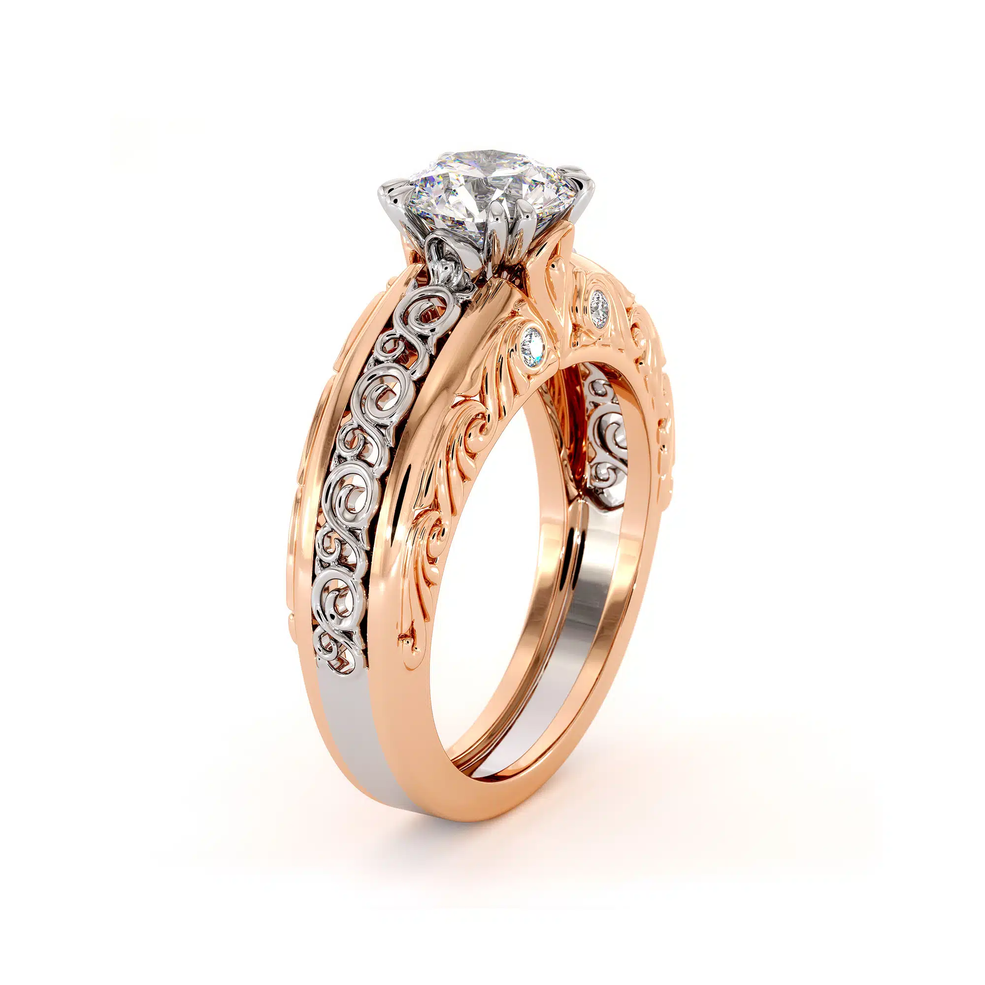 Round Moissanite In Two Tone Solid Gold Regally Designed Bridal Ring 1 Round Moissanite In Two Tone Solid Gold Regally Designed Bridal Ring
