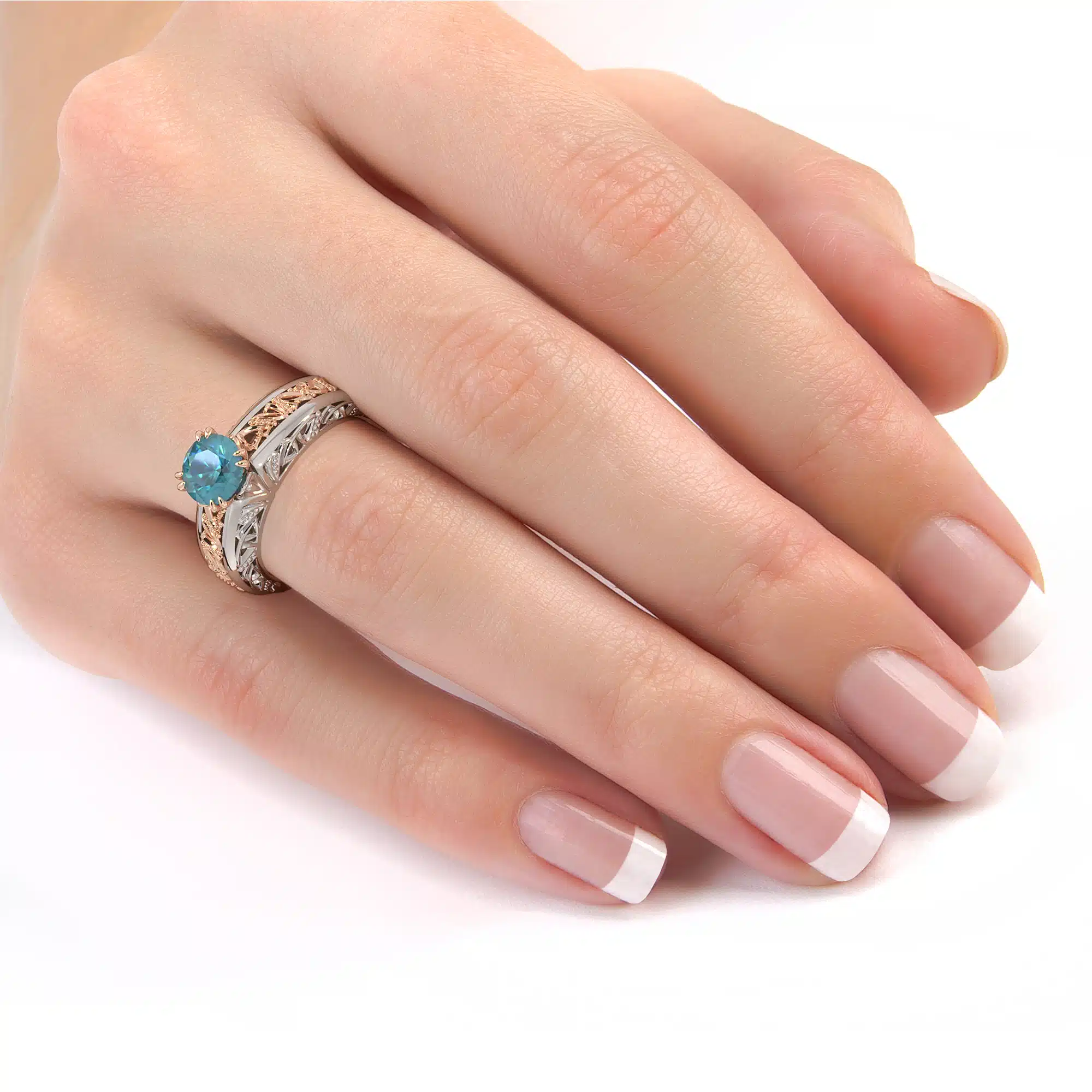 Majestic Round Blue Diamond 2 Tone Gold Handmade Ring 7 Majestic Round Blue Diamond 2 Tone Gold Handmade Ring