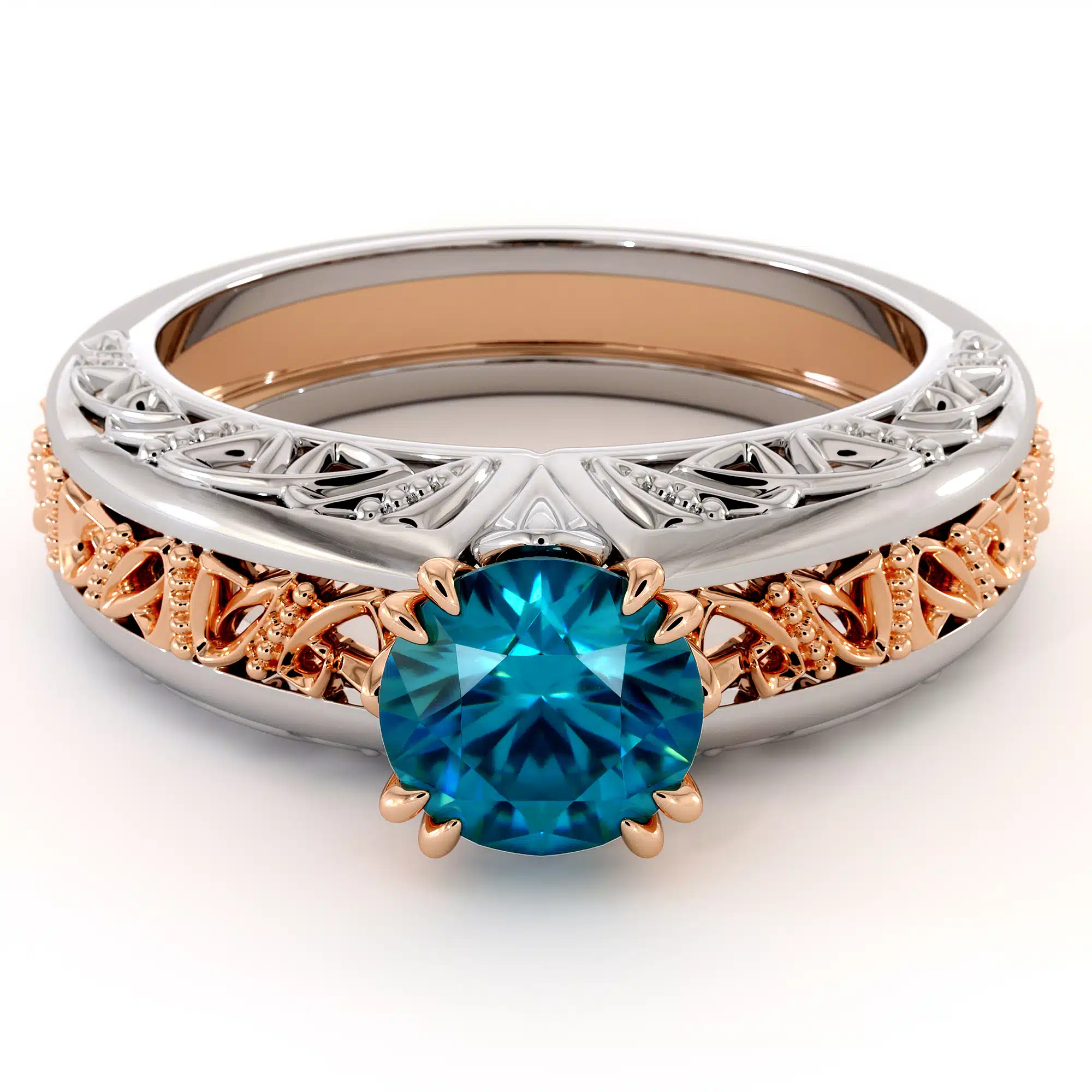 Majestic Round Blue Diamond 2 Tone Gold Handmade Ring 3 Majestic Round Blue Diamond 2 Tone Gold Handmade Ring
