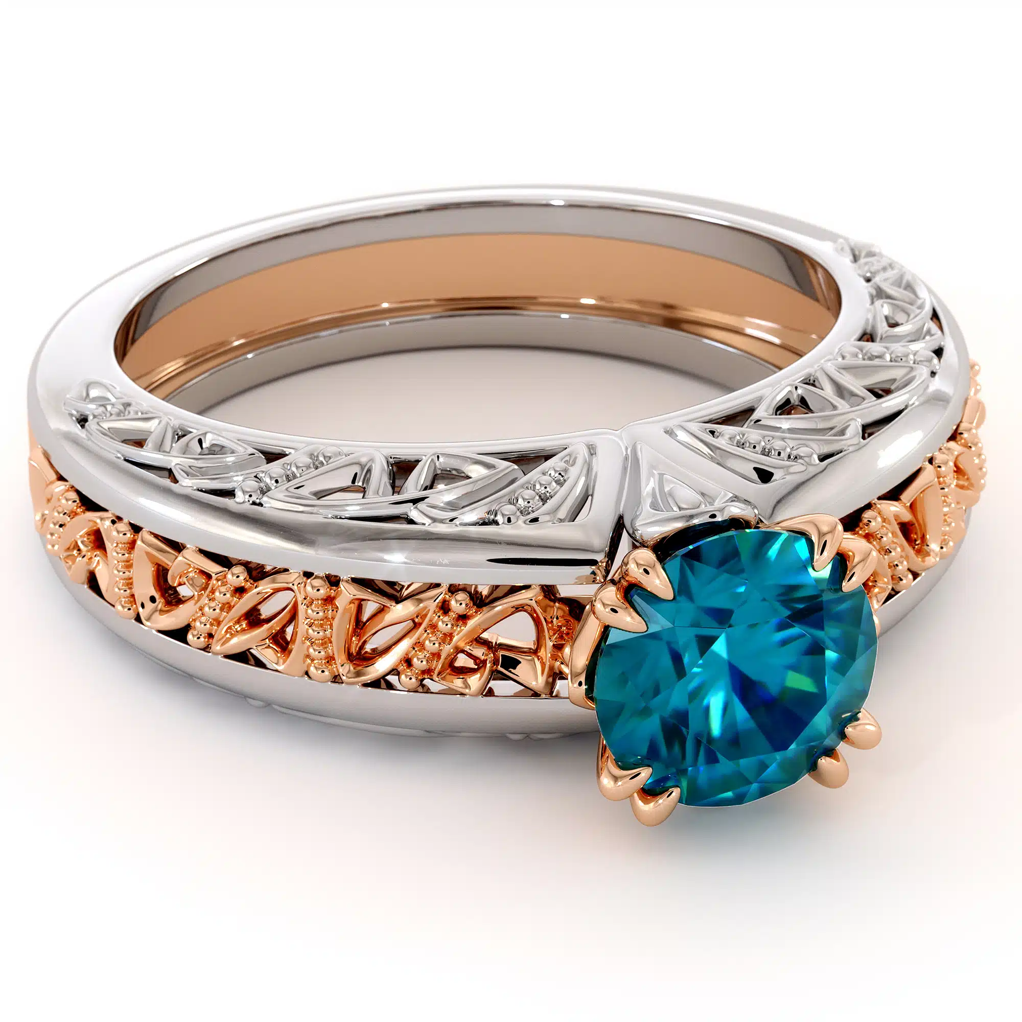 Majestic Round Blue Diamond 2 Tone Gold Handmade Ring 4 Majestic Round Blue Diamond 2 Tone Gold Handmade Ring