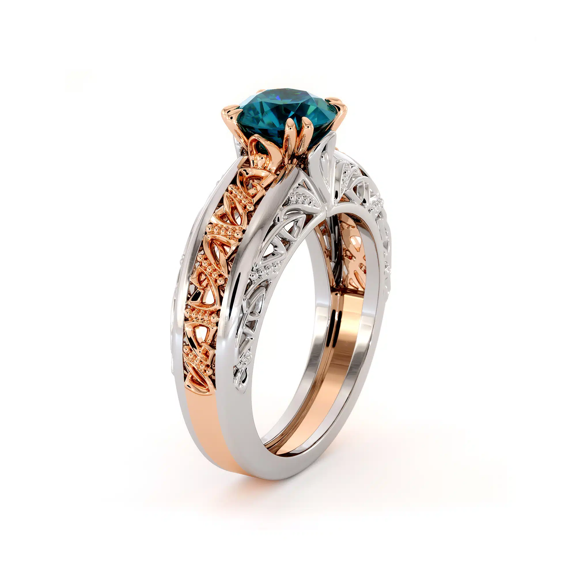 Vintage Round Blue Diamond Artisan Ring Front View Frontal view of a vintage round blue diamond ring with two-tone gold filigree.
