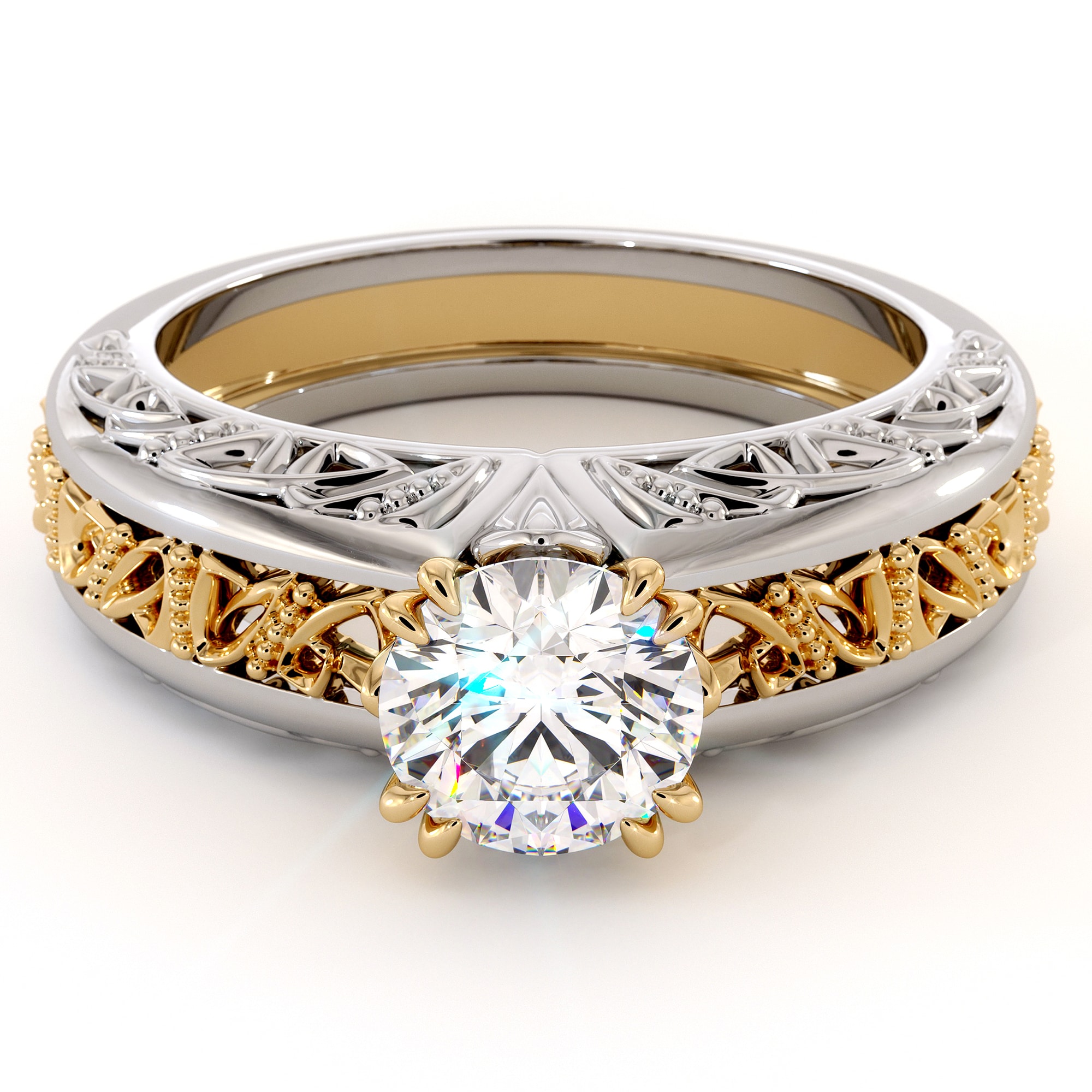 Majestic Round Moissanite 2 Tone Filigree Gold Ring 3 Majestic Round Moissanite 2 Tone Filigree Gold Ring