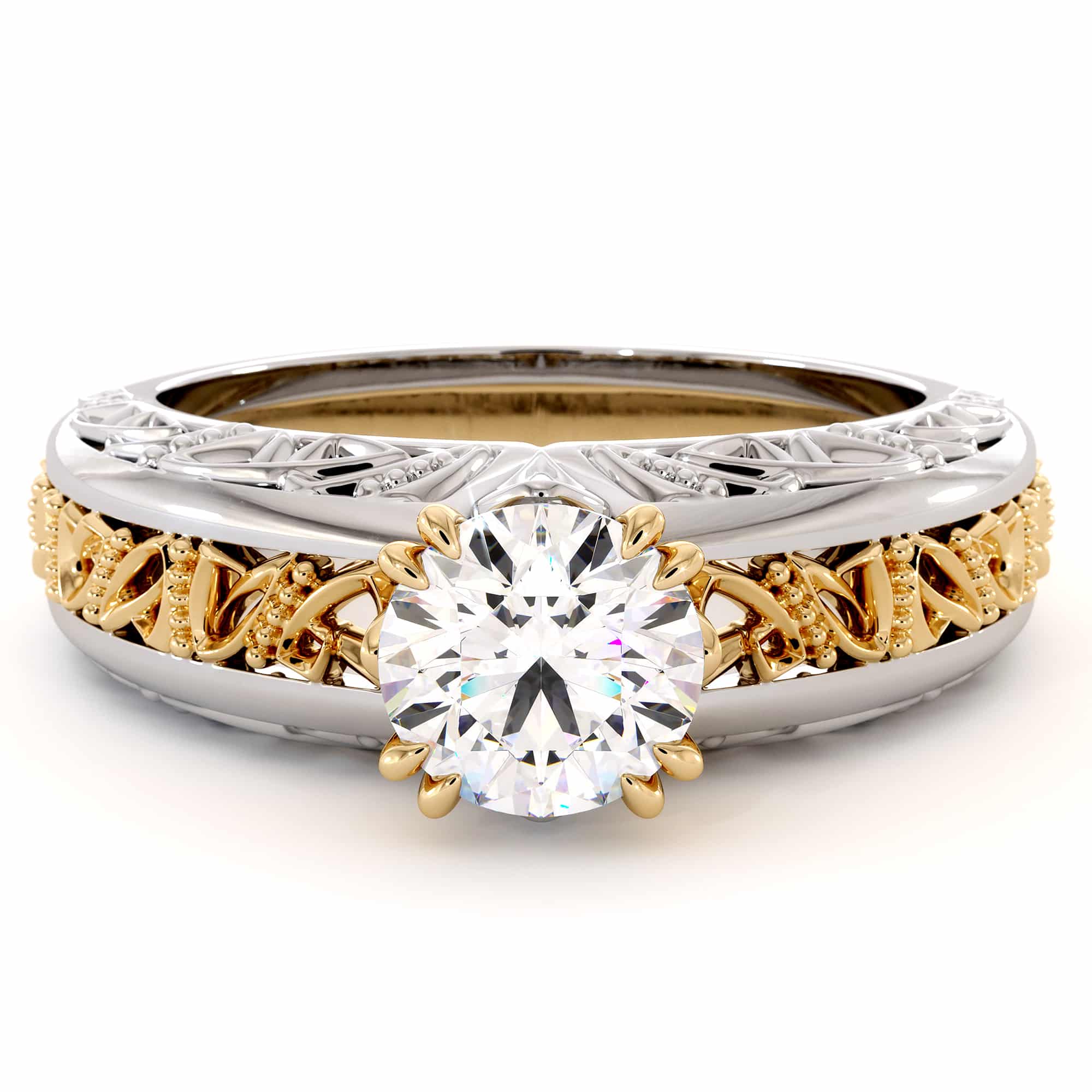 Majestic Round Moissanite 2 Tone Filigree Gold Ring 2 Majestic Round Moissanite 2 Tone Filigree Gold Ring