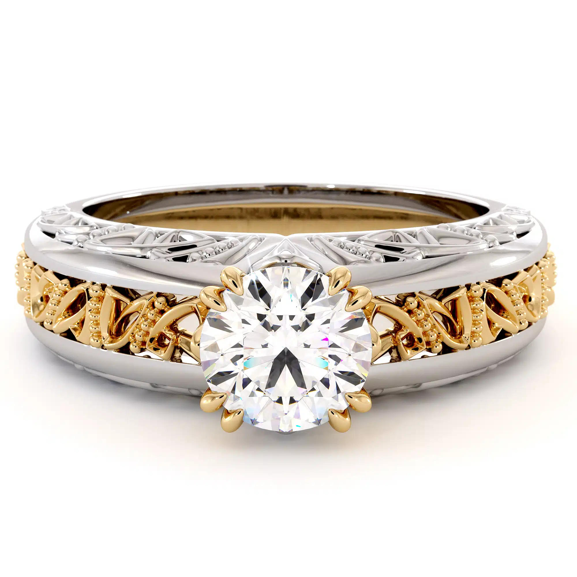 Majestic Round Moissanite 2 Tone Filigree Gold Ring