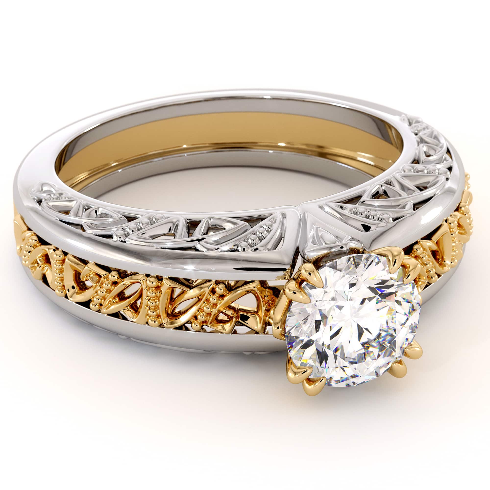 Majestic Round Moissanite 2 Tone Filigree Gold Ring 4 Majestic Round Moissanite 2 Tone Filigree Gold Ring