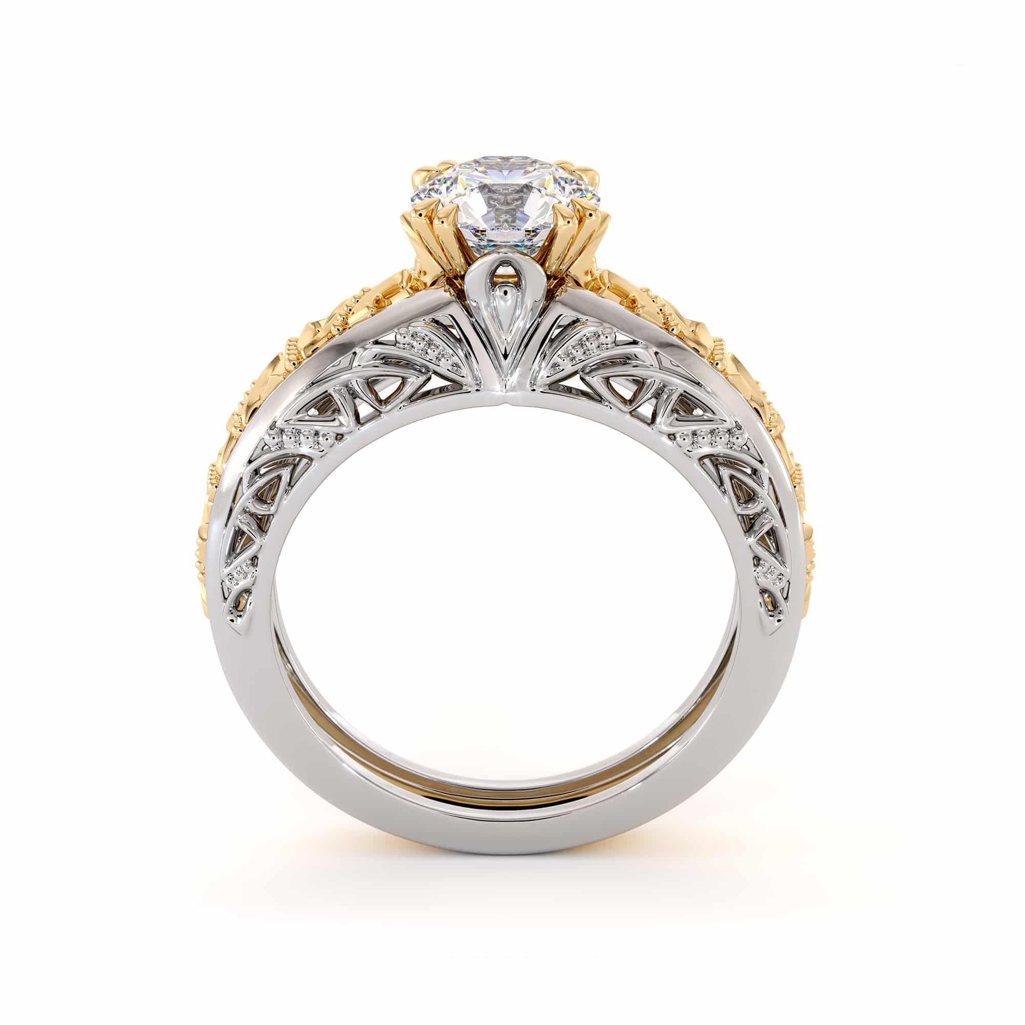 Majestic Round Moissanite 2 Tone Filigree Gold Ring 6 Majestic Round Moissanite 2 Tone Filigree Gold Ring