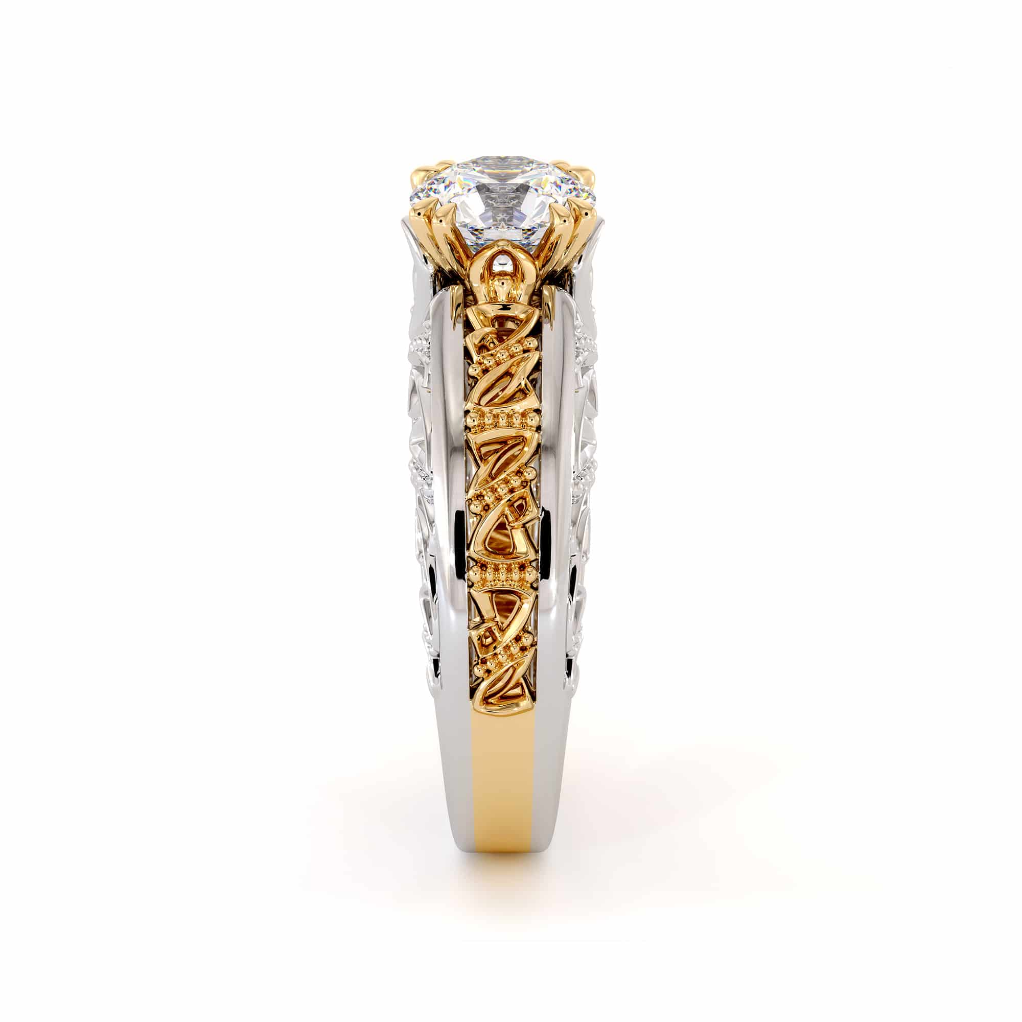 Majestic Round Moissanite 2 Tone Filigree Gold Ring 5 Majestic Round Moissanite 2 Tone Filigree Gold Ring