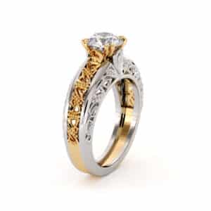 Majestic Round Moissanite 2 Tone Filigree Gold Ring