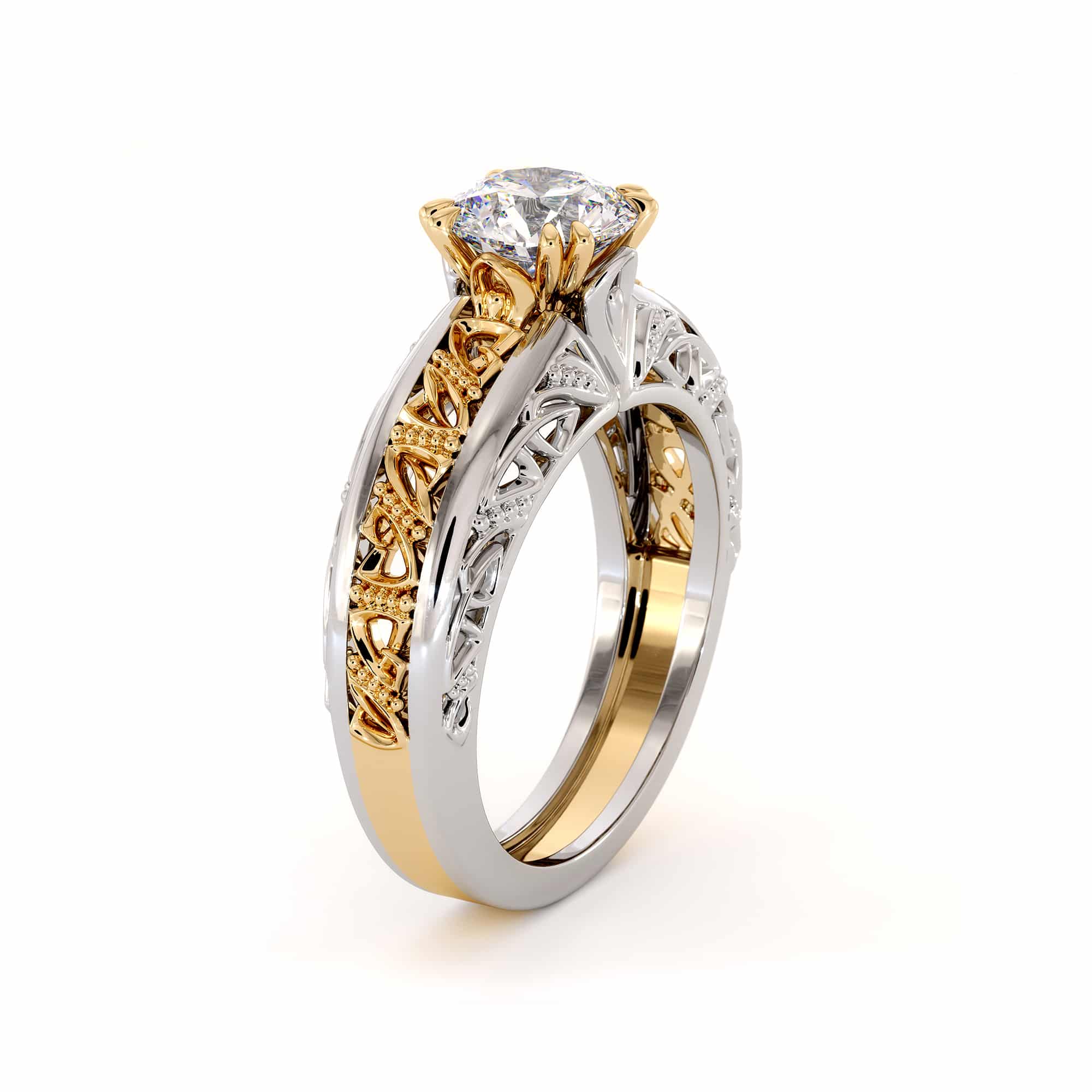 Majestic Round Moissanite 2 Tone Filigree Gold Ring 1 Majestic Round Moissanite 2 Tone Filigree Gold Ring