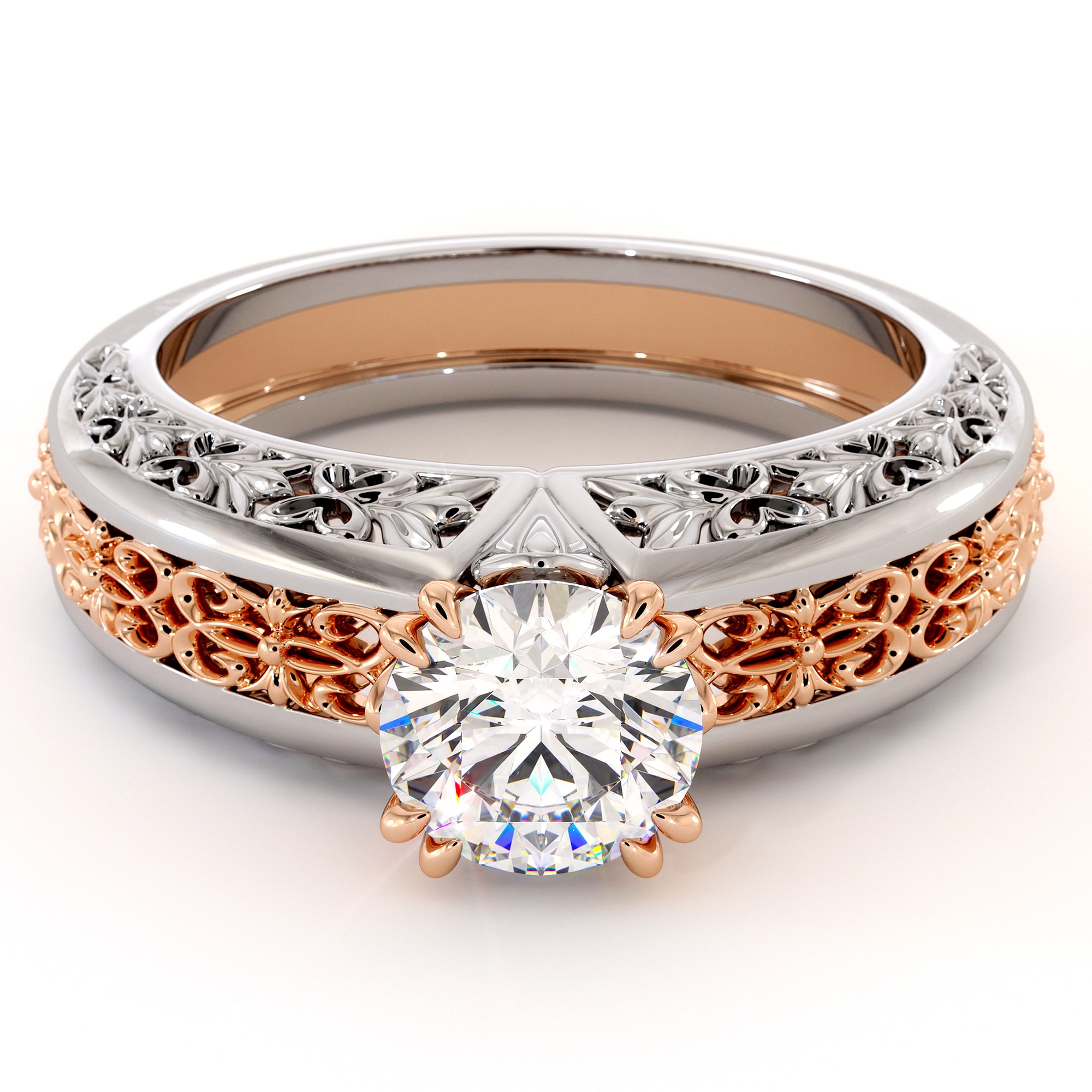 Magnificent Moissanite 2 Tone Gold Filigree Engagement Ring