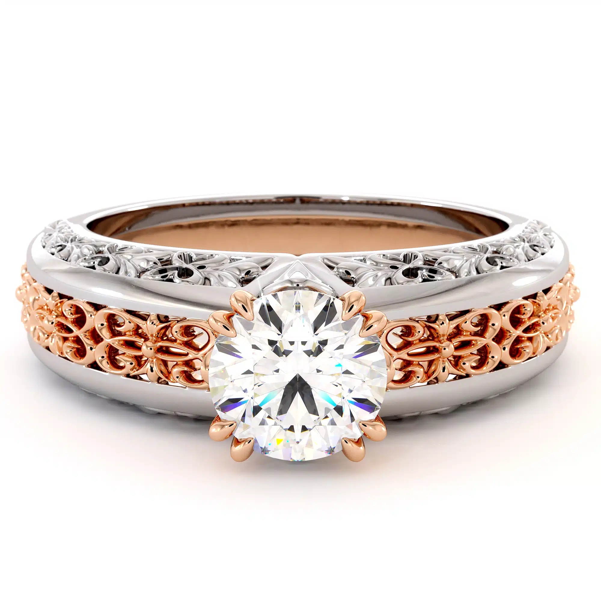 Magnificent Moissanite 2 Tone Gold Filigree Engagement Ring