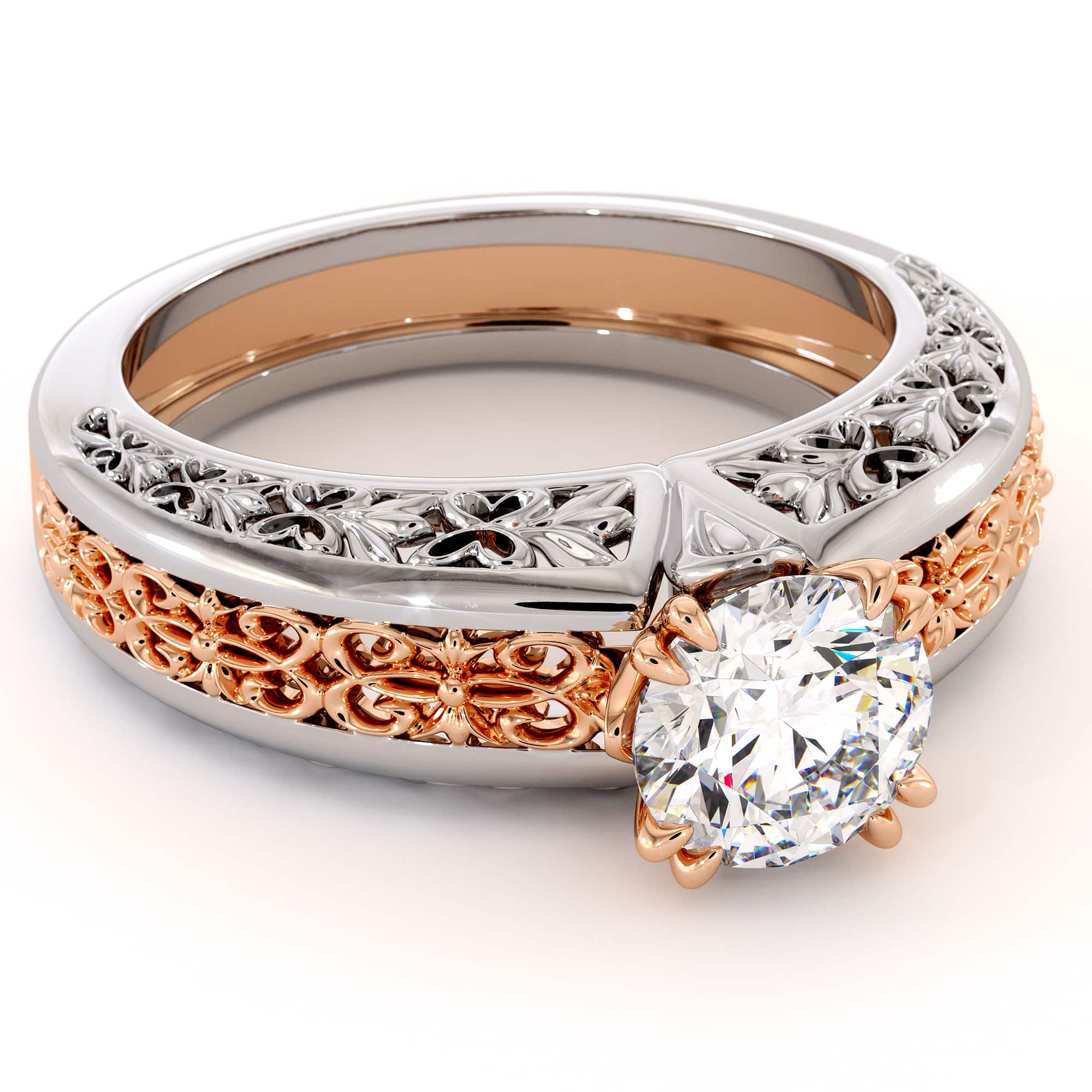 Magnificent Moissanite 2 Tone Gold Filigree Engagement Ring