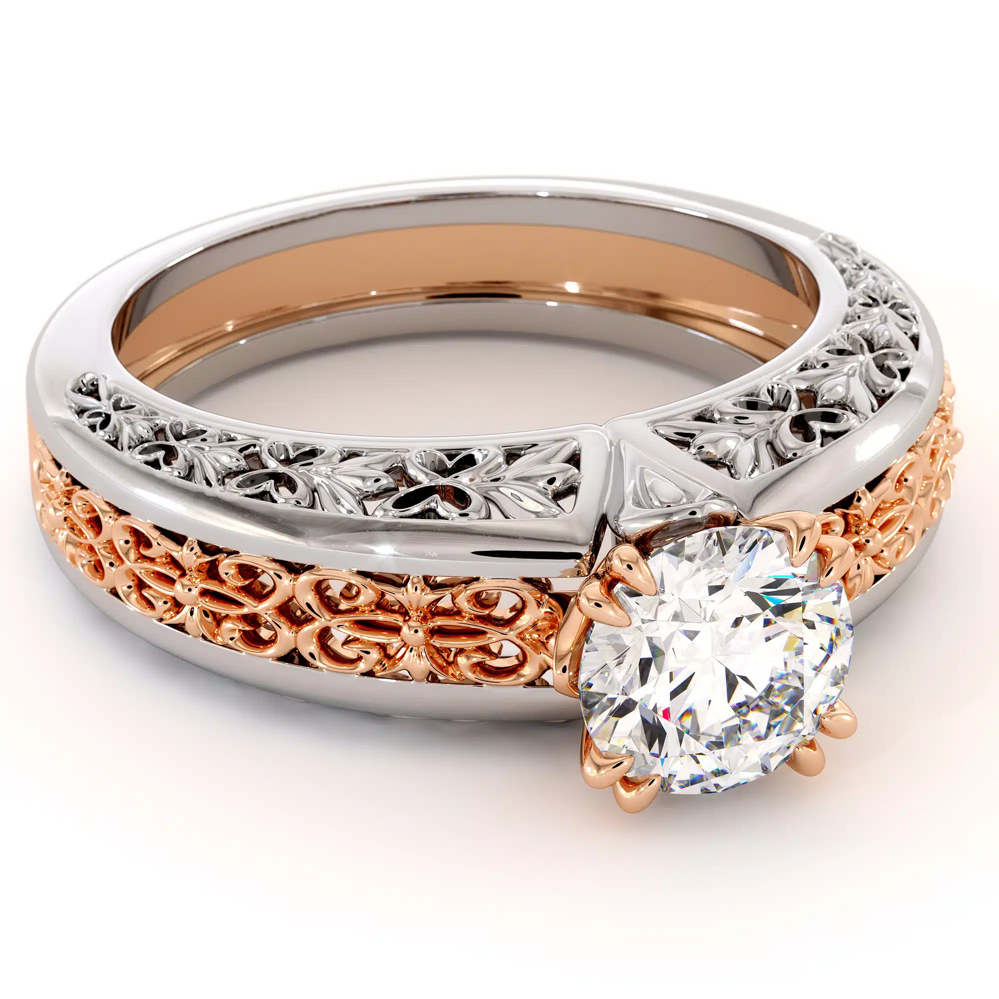 Magnificent Moissanite 2 Tone Gold Filigree Engagement Ring