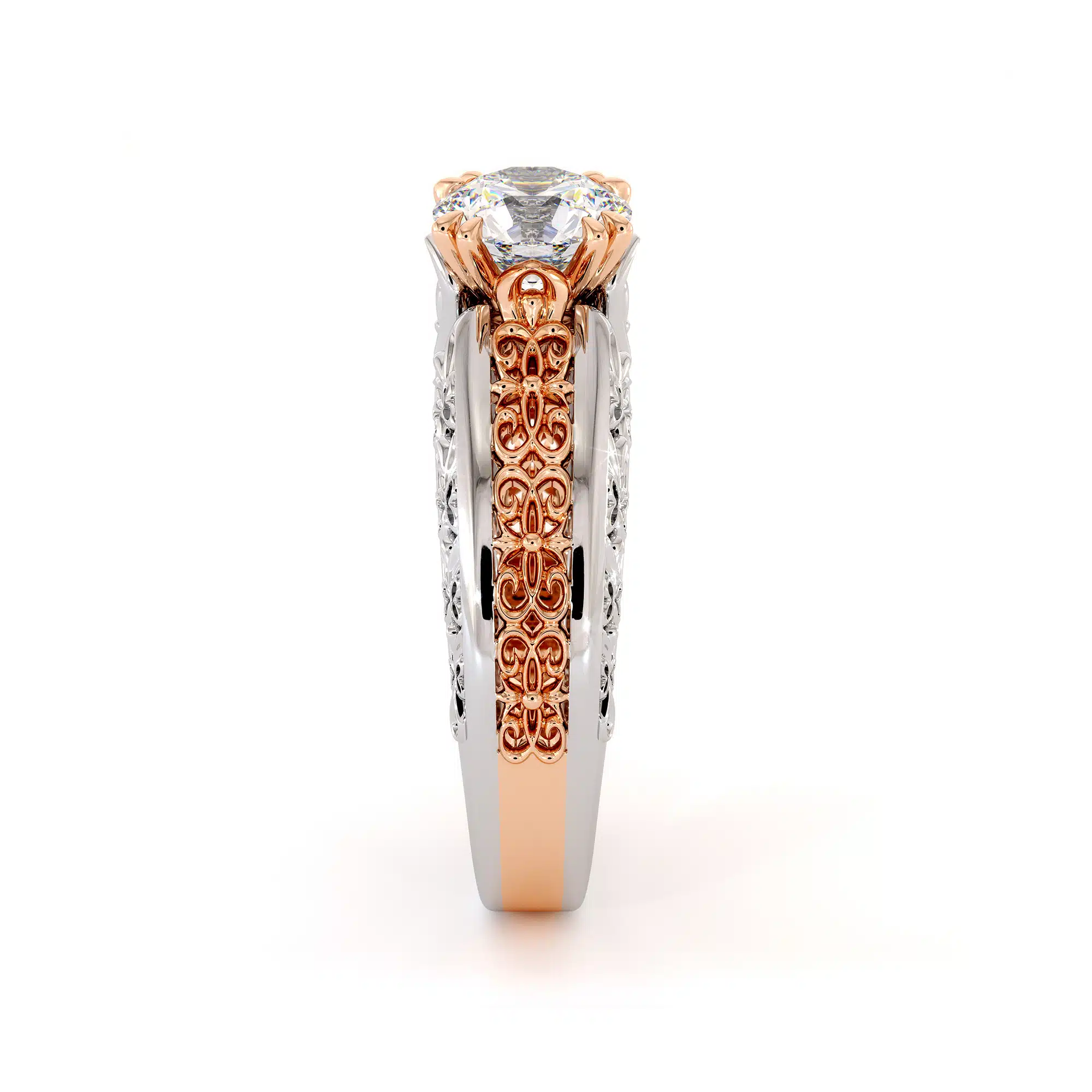Magnificent Moissanite 2 Tone Gold Filigree Engagement Ring