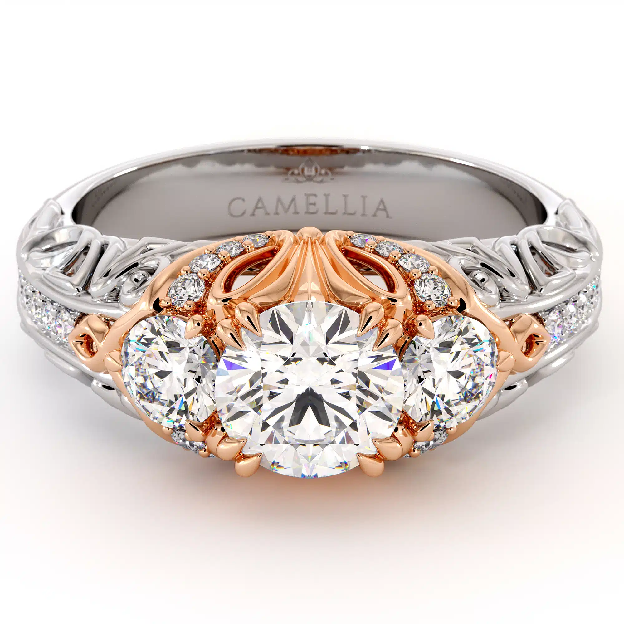 Unique Three Stone Queenly Engagement Ring
