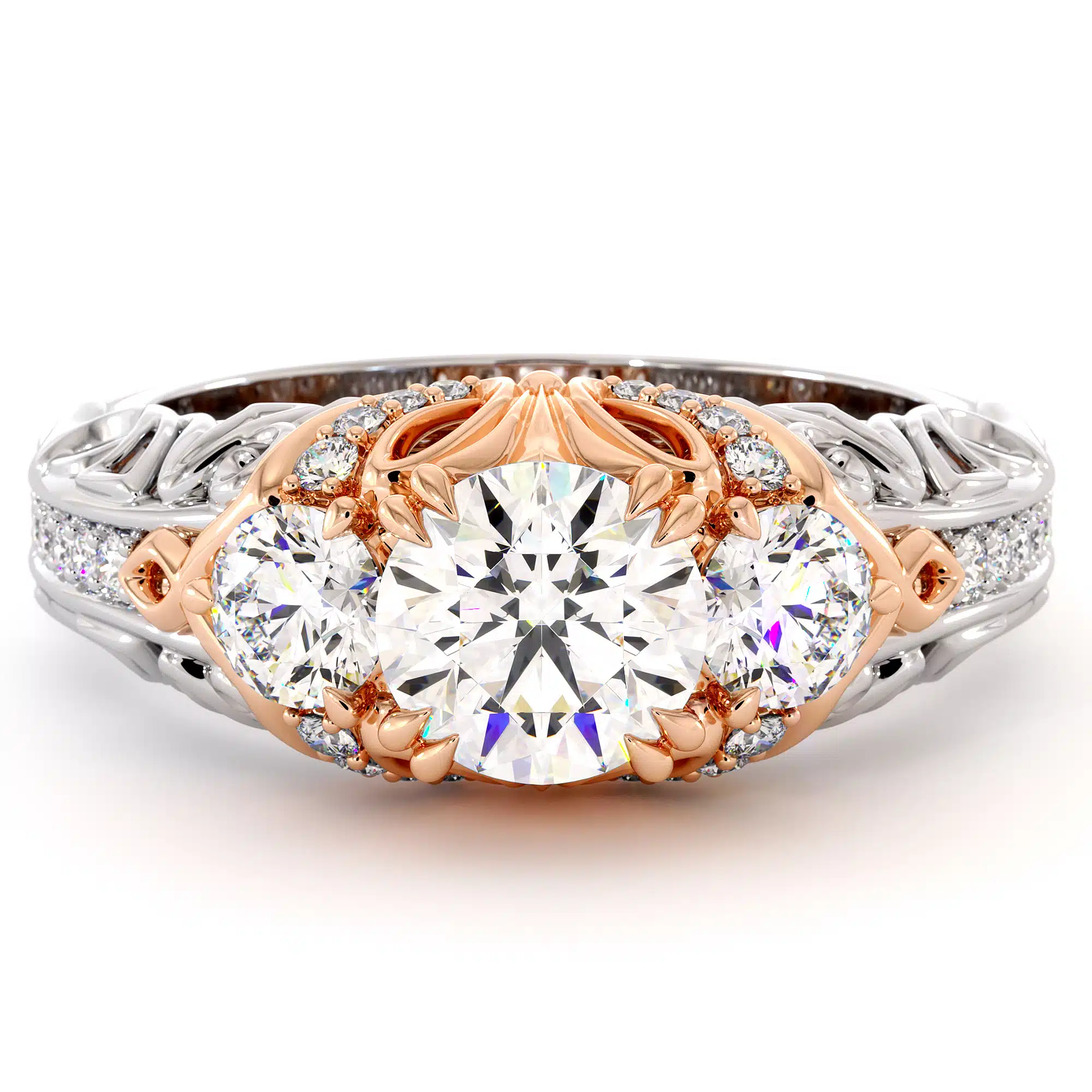 Unique Three Stone Queenly Engagement Ring
