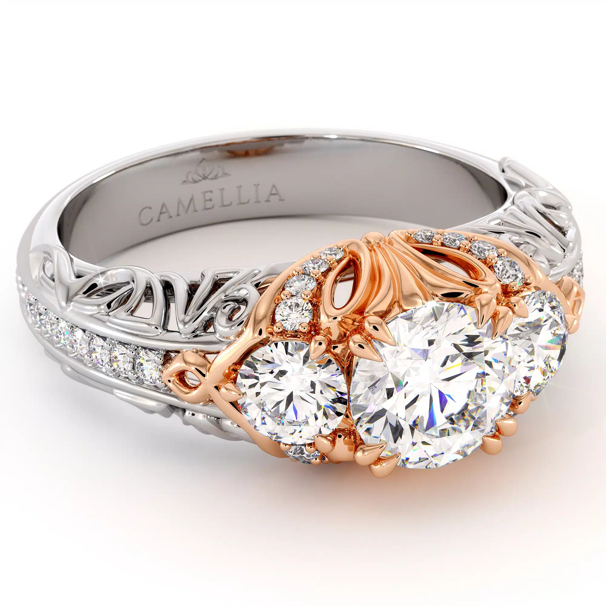 Unique Three Stone Queenly Engagement Ring
