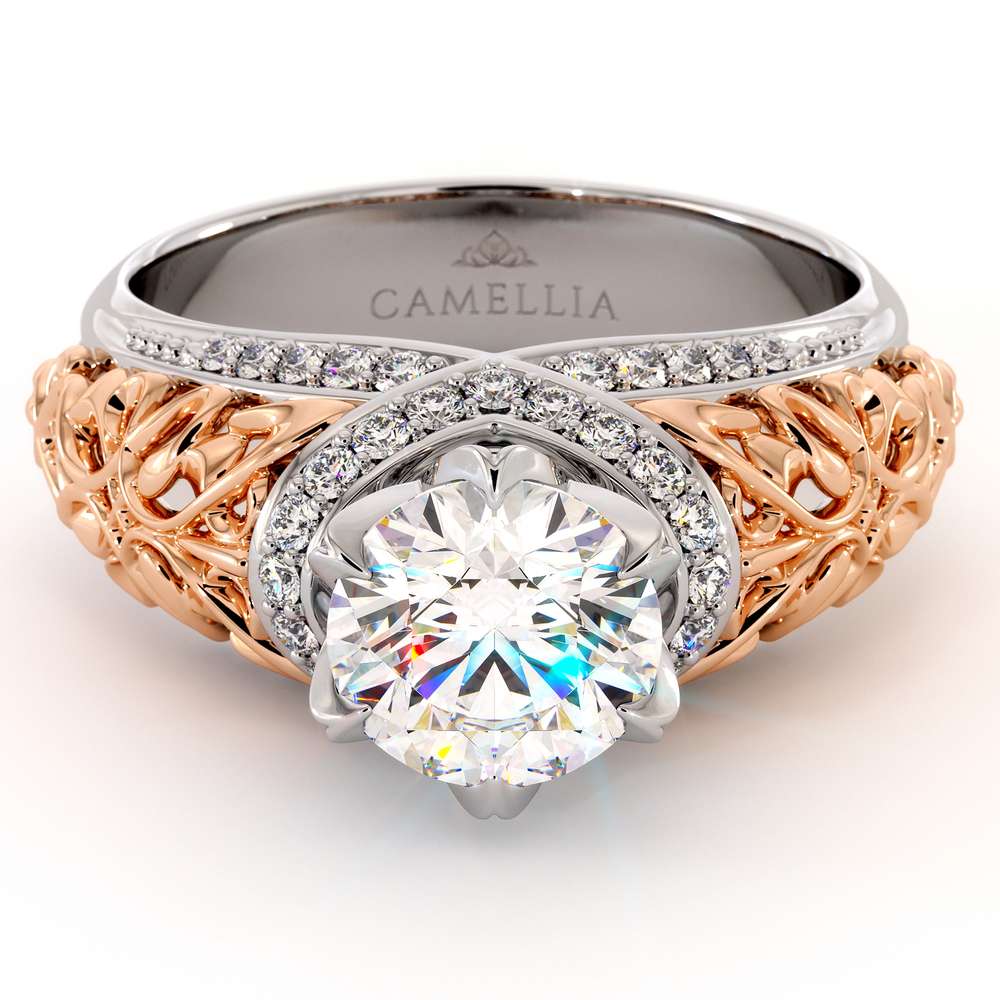 Handmade Gold Engagement Ring Royal Diamonds Ring Round 1.55 Ct Handmade Gold Engagement Ring Royal Diamonds Ring Round 1.55 Ct. Moissanite Engagement Ring Two Toned Gold Grid Filigree Ring
