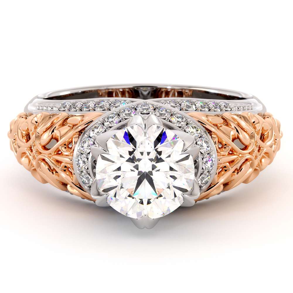 Handmade Gold Engagement Ring Royal Diamonds Ring Round 1.55 Ct Handmade Gold Engagement Ring Royal Diamonds Ring Round 1.55 Ct. Moissanite Engagement Ring Two Toned Gold Grid Filigree Ring