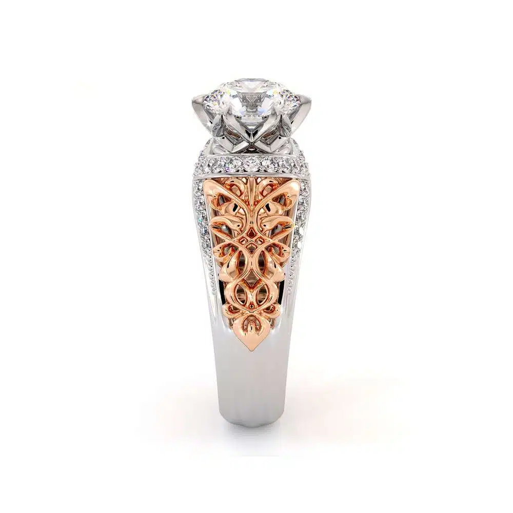 Handmade Gold Engagement Ring Royal Diamonds Ring Round 1.55 Ct Handmade Gold Engagement Ring Royal Diamonds Ring Round 1.55 Ct. Moissanite Engagement Ring Two Toned Gold Grid Filigree Ring