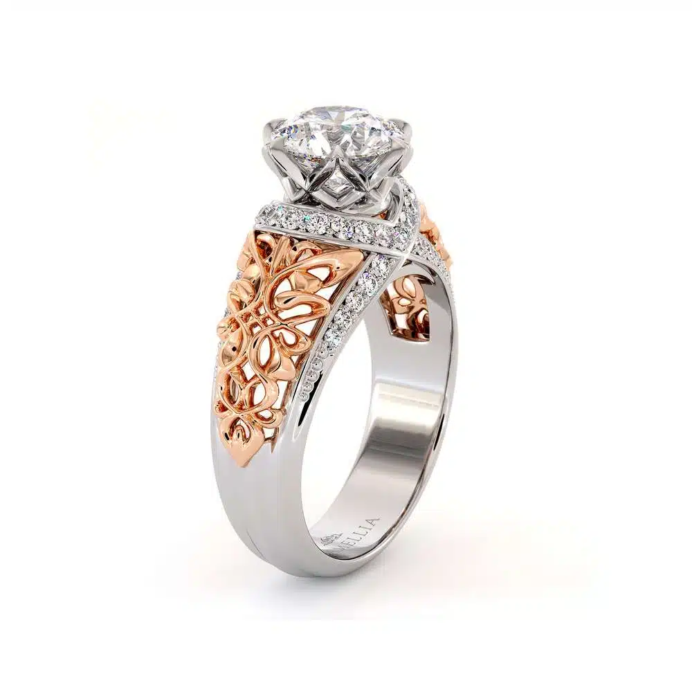 Handmade Gold Engagement Ring Royal Diamonds Ring Round 1.55 Ct Handmade Gold Engagement Ring Royal Diamonds Ring Round 1.55 Ct. Moissanite Engagement Ring Two Toned Gold Grid Filigree Ring