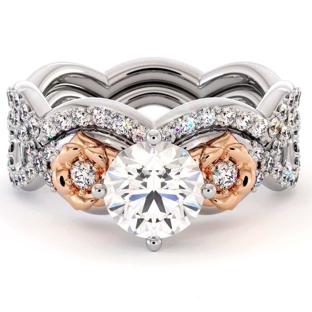 Moissanite Engagement Ring Set 14K White & Rose Gold Ring Unique Flower Bridal Set 3 Moissanite Engagement Ring Set 14K White & Rose Gold Ring Unique Flower Bridal Set