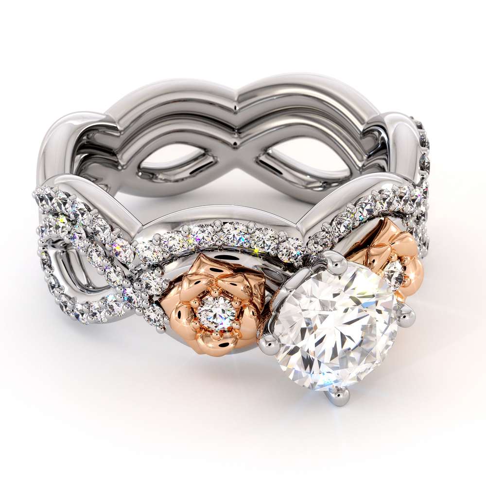 Moissanite Engagement Ring Set 14K White & Rose Gold Ring Unique Flower Bridal Set 2 Moissanite Engagement Ring Set 14K White & Rose Gold Ring Unique Flower Bridal Set