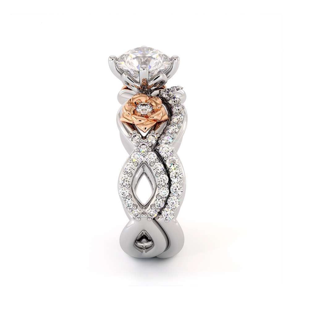 Moissanite Engagement Ring Set 14K White & Rose Gold Ring Unique Flower Bridal Set 5 Moissanite Engagement Ring Set 14K White & Rose Gold Ring Unique Flower Bridal Set