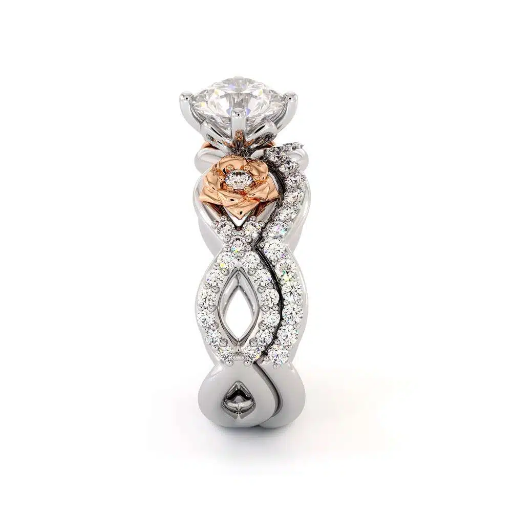 Moissanite Engagement Ring Set 14K White & Rose Gold Ring Unique Flower Bridal Set 5 Moissanite Engagement Ring Set 14K White & Rose Gold Ring Unique Flower Bridal Set