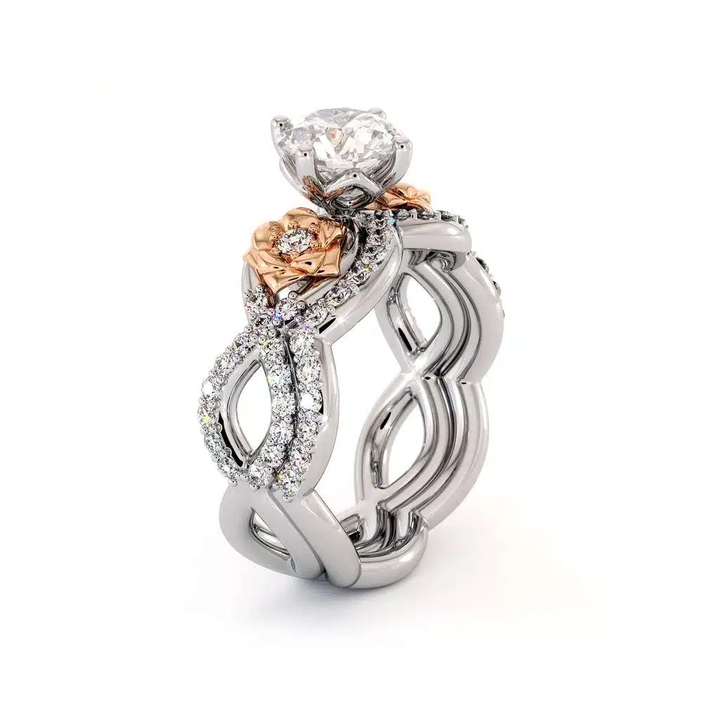 Moissanite Engagement Ring Set 14K White & Rose Gold Ring Unique Flower Bridal Set 1 Moissanite Engagement Ring Set 14K White & Rose Gold Ring Unique Flower Bridal Set
